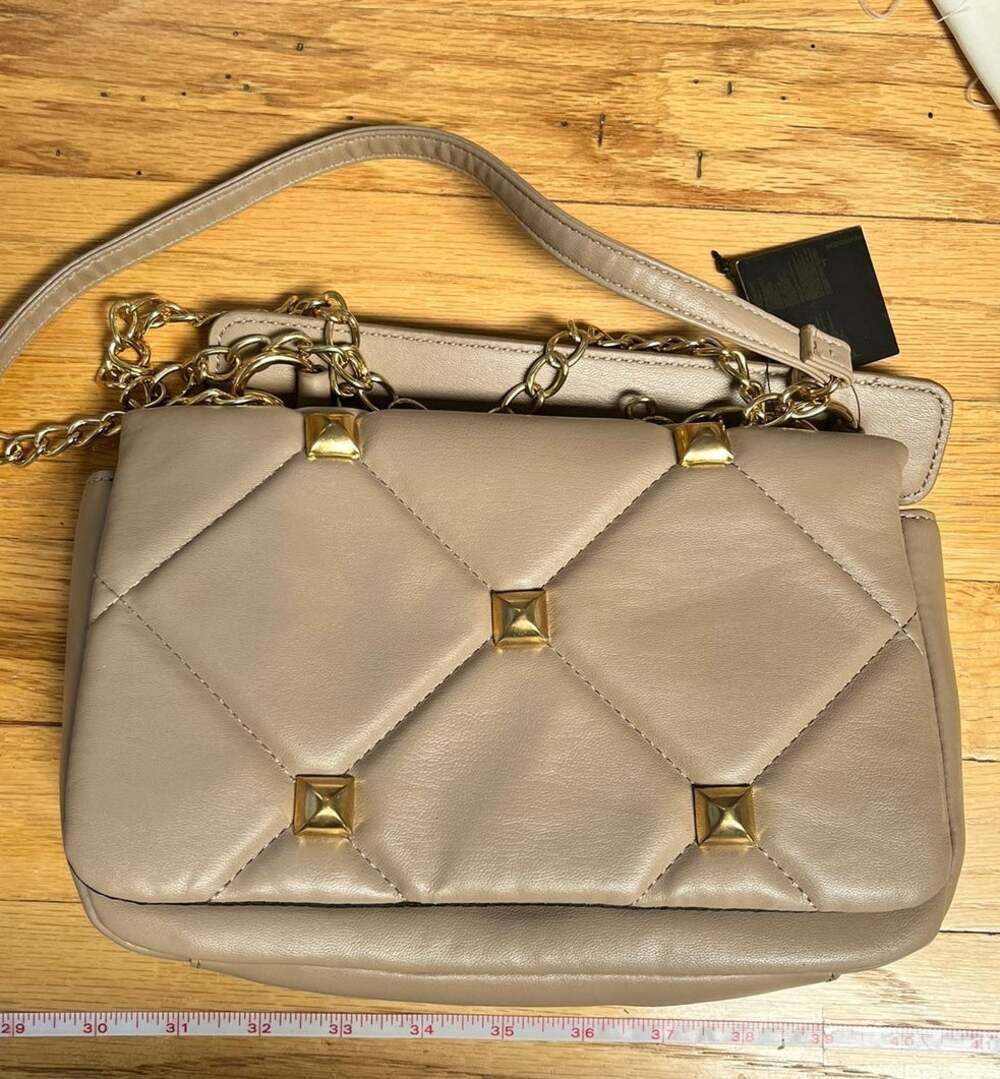 Elegant Quilted Studded Tan Purse with Gold Chain Strap NWT